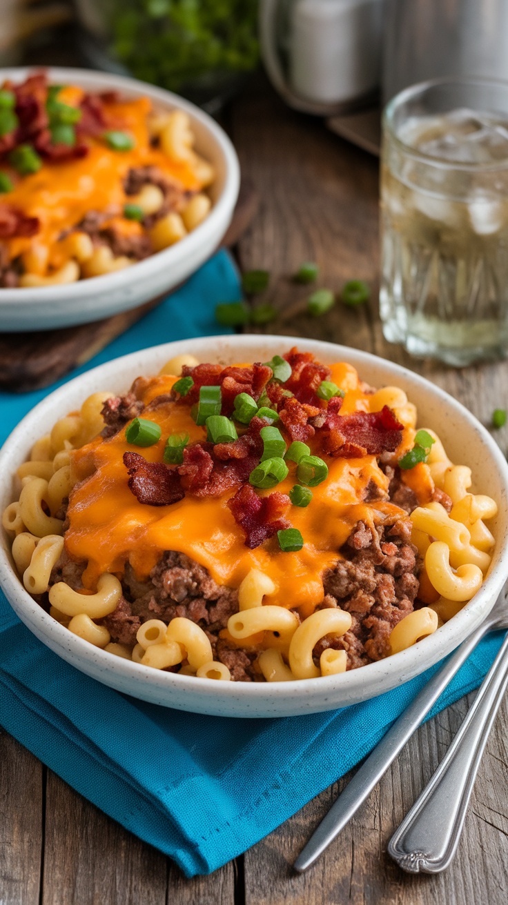 Cheesy cheeseburger pasta with ground beef and bacon, garnished with green onions, served in a rustic kitchen.